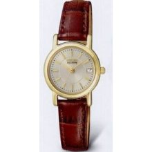 Citizen Eco Drive Ladies` Gold Watch W/ Champagne Dial & Brown Strap