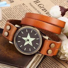 Classic Star Lady Bracelet Star Orange Long Leather Quartz Wrist Watch Usts