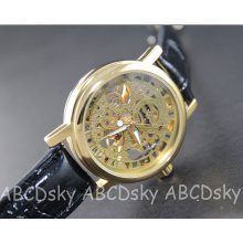 Classic Steampunk Women Mechanical Wrist Watch ,Golden Plated Mechanical Wrist Watch with Black Leather Wristband