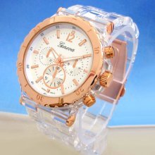 Clear Rose/gold Geneva Wide Bracelet Rose Ring Bezel Oversized Women's Watch