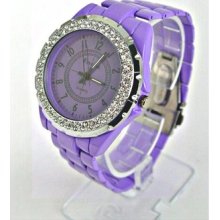 Crystal Bezel Purple Face Acrylic Links Band Clipper Bracelet Watch