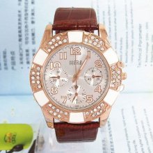 Crystal Decorative Sub-dial Leather Strap Women Wrist Watch Golden Face Dm634k