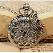 Crystal Turtle Watch Pendant Necklace Pocket Watch Silver Birthday Gift Idea