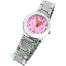 Cute Round Pink Dial Watchcase Metal Band Girl Lady Quartz Watch