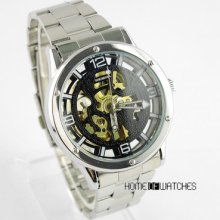 Deluxe Hollow Men Automatic Mechanical Skeleton Stainless Steel Wrist Watch