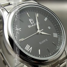 Dial Water Quartz Hours Date Silver Hand Black Men Steel Wrist Watch Ah145