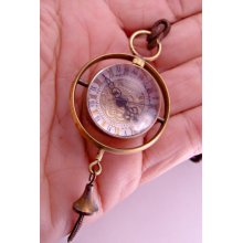 Double Sided Glass Bubble Copper Rotation Pocket Watch with 27 Inch Leather Cord