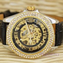 Dress Womens Mechanical Wrist Watch Diamond Skeleton Automatic Golden Dial Gift