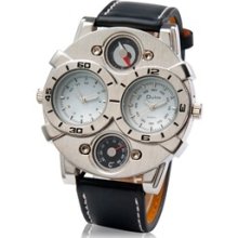 Dual Quartz Movement Analog Sporty Watch with Faux Leather Strap, Compass, Therm