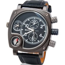 Dual Quartz Movement Analog Sporty Watch with Faux Leather Strap, Compass (Black)