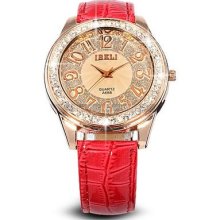 Elegant Crystal Lady Women Quartz Sport Analog Red Leather Strap Wrist Watch