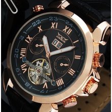 Elegant Man watch Black Auto Mechanical Date Tourbillon date- day- hours leather watch