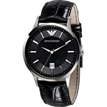 Emporio Armani Slim Leather Strap Watch Black / Black