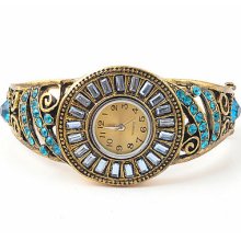 Exquisite Blue Crystal Rhinestone Cuff Watch Bracelet Bangle Retro Gold Plated