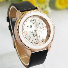 Exquisite Butterfly Girl Round Quartz Lady Wrist Watch Chic Leather Watchband