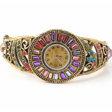 Exquisite Colors Crystal Rhinestone Cuff Watch Bracelet Bangle Retro Gold Plated