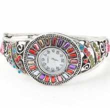 Exquisite Multicolor Crystal Rhinestone Cuff Nice Watch Bracelet Bangle Jewelry