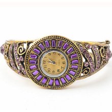 Exquisite Purple Crystal Rhinestone Cuff Watch Bracelet Bangle Retro Gold Plated