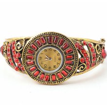 Exquisite Red Crystal Rhinestone Cuff Watch Bracelet Bangle Retro Gold Plated