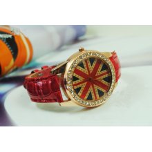 F03839 Quartz Crystal Leather Unisex Men Women Wrist Watch W/ Great Britain Flag