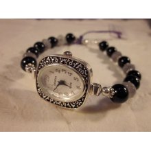 Faceted Cloudy Quartz Rondelle, Black Agate and Sterling Bracelet Watch