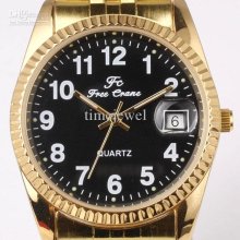 Fashion Black Dial Numeral Day Date Golden Steel Band Quartz Watches