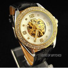 Fashion Crystal Golden Skeleton Automatic Mechanical Women Lady Wrist Watch