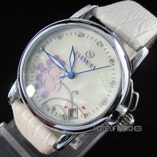 Fashion Lady Girls Flower Dial Automatic Mechanical Date White Wrist Watch