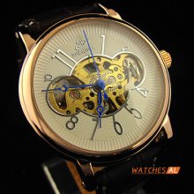 Fashion Mens Rose-gold Plated Blue Hands Skeleton Automatic Mechanical Watch