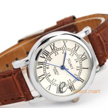 Fashion Roman Number Round White Dial Brown Leather Office Lady Wrist Cuff Watch