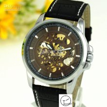 Fashion Style Luxury Men's Automatic Glass Back Watches Leather Band