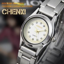 Fashion Women Lady Golden Circle Crystal Dial Quartz Steel Chrome Wristwatch Uk