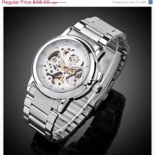 Father Day Gift Steampunk Mens gear watch, Stainless Steel case and band with awesome white face.