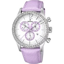 Festina Women's Quartz Watch With White Dial Chronograph Display And Purple Leather Strap F16590/3