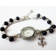 Fleur de Lis - silver nostalgic Wrist Watch with black pearls, Fleur de Lis, antique, vintage Style