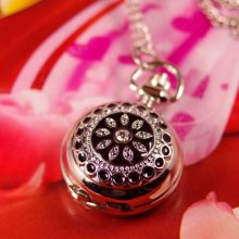 flower leaf mini silver Crystal quartz Pocket Watch Antique wp060