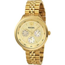 Fossil Gmt Gold Dial Gold-tone Stainless Steel Ladies Watch Es3248