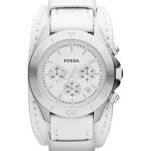 Fossil 'Retro Traveler' Chronograph Leather Cuff Watch, 45mm White/ Silver