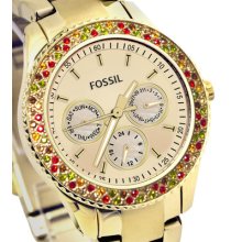 Fossil Stella Gold Steel Multifunction Colorful Stones Ladies Watch Es3201