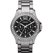 Fossil Watches Women's Black Dial Polished Chrome Finish Ceramic Poli