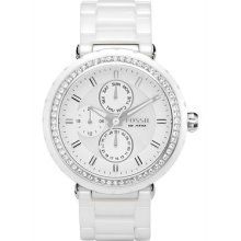 Fossil White Ceramic Stainless Steel Glitz Women's Watch Sparkling Crystals Date