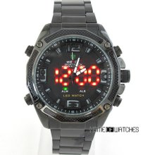 Functional Stainless Steel Black Led Analog Dual Time Display Mens Sport Watch