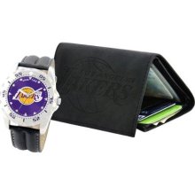 Game Time Black Nba-Wwg-Lal Men'S Nba-Wwg-Lal Los Angeles Lakers Analog Strap Watch And Wallet Set