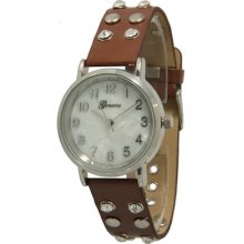 Geneva Brown Stones & Studs Leather Fashion Designer Rhinestones Stylish Watch