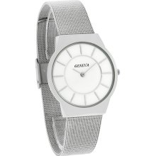 Geneva Mens White Dial Stainless Steel Mesh Bracelet Dress Quartz Watch