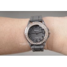 Geneva Platinum CZ Bezel Silicone Watch - Large Gray