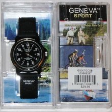 Geneva Sport Watch Black & Black Leather Band