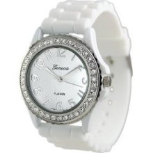 Geneva White Silicone Rubber Jelly Fashion Watch With Crystals Bling