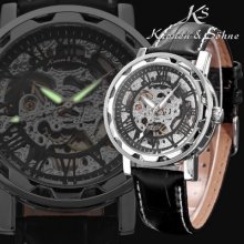 Genuine Ks Mechanical Skeleton Stainless Steel Case Black Leather Wrist Watch