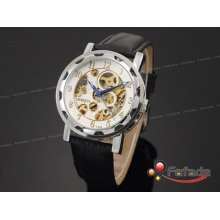 Goer Mens White Skeleton Mechanical Leather Wrist Watch